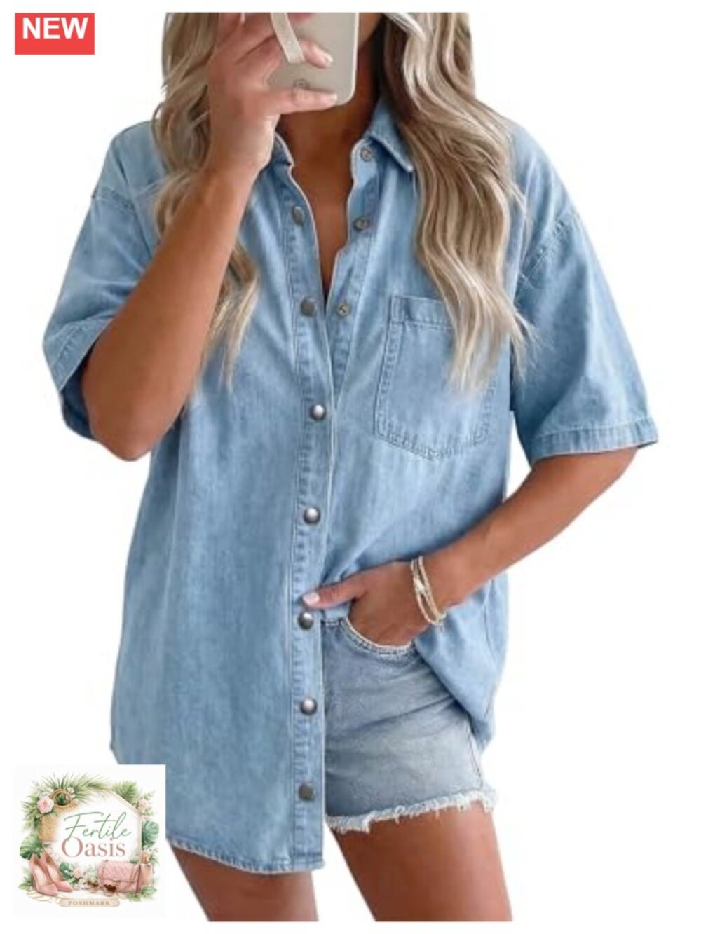 Oversized Denim Shirt Women Short Sleeve Stretchy Jean Top Cotton Spandex